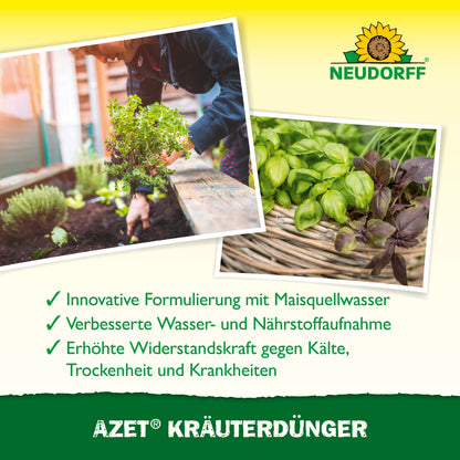 Wer sich um Topfkräuter und Blattpflanzen kümmert, verwendet Neudorff Shop Azet KräuterDünger flüssig, um die Pflanzengesundheit zu fördern, die Wasser- und Nährstoffaufnahme zu verbessern und die Widerstandsfähigkeit gegen Stress und Krankheiten zu erhöhen.