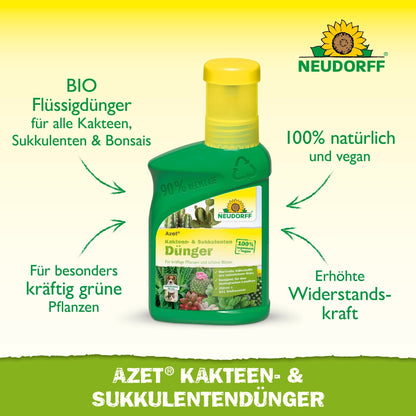 Zielona butelka Neudorff Shop Azet Kakteen- & SukkulentenDünger flüssig z żółtą nakrętką, oznaczona jako biologiczna, naturalna i wegańska, oraz tekst wychwalający korzyści dla zdrowia roślin.