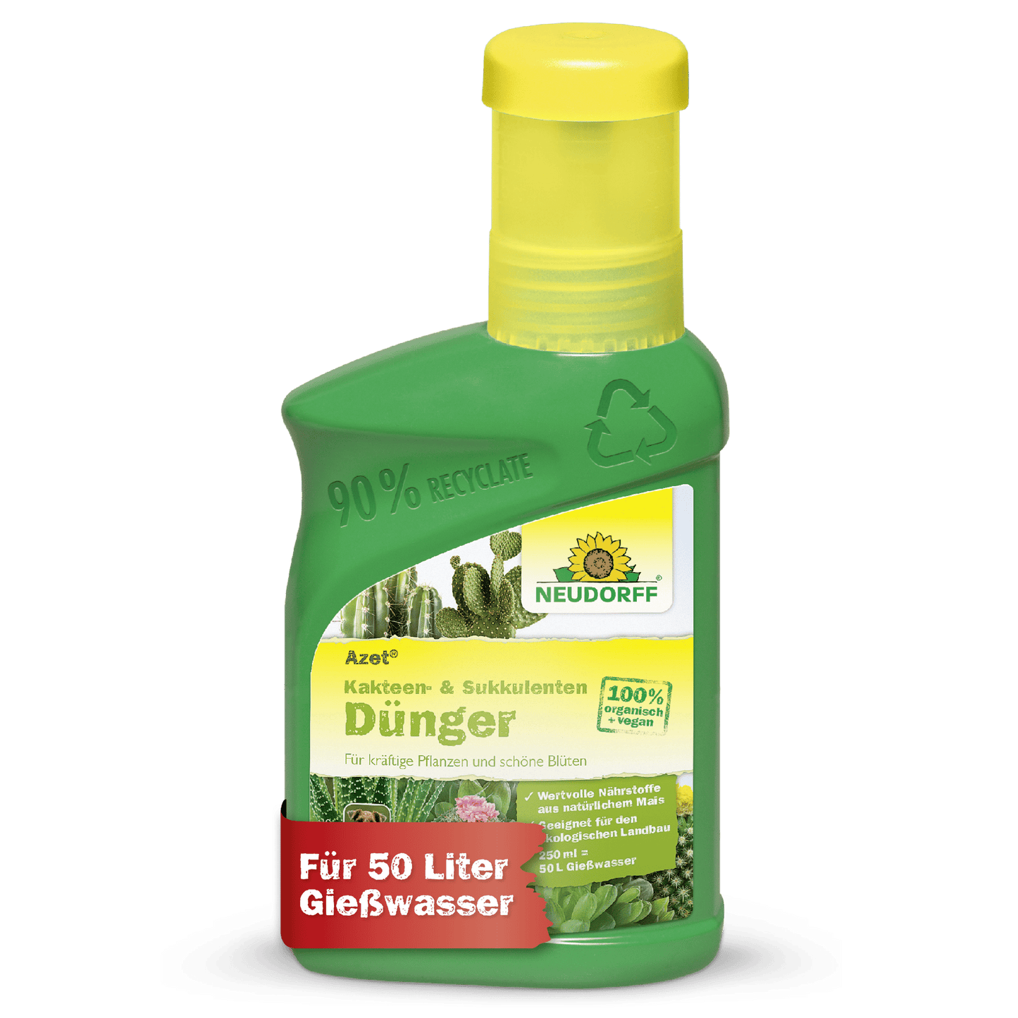 Zielona plastikowa butelka z Neudorff Shop Azet Kakteen- & SukkulentenDünger flüssig pokazuje obrazy kaktusów, niemieckie informacje o produkcie i czerwony baner z napisem "Na 50 litrów wody do podlewania" na etykiecie.