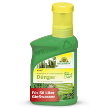 Zielona plastikowa butelka z Neudorff Shop Azet Kakteen- & SukkulentenDünger flüssig pokazuje obrazy kaktusów, niemieckie informacje o produkcie i czerwony baner z napisem "Na 50 litrów wody do podlewania" na etykiecie.