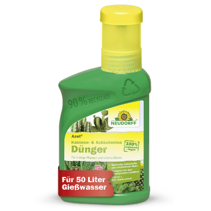 Zielona plastikowa butelka z Neudorff Shop Azet Kakteen- & SukkulentenDünger flüssig pokazuje obrazy kaktusów, niemieckie informacje o produkcie i czerwony baner z napisem "Na 50 litrów wody do podlewania" na etykiecie.
