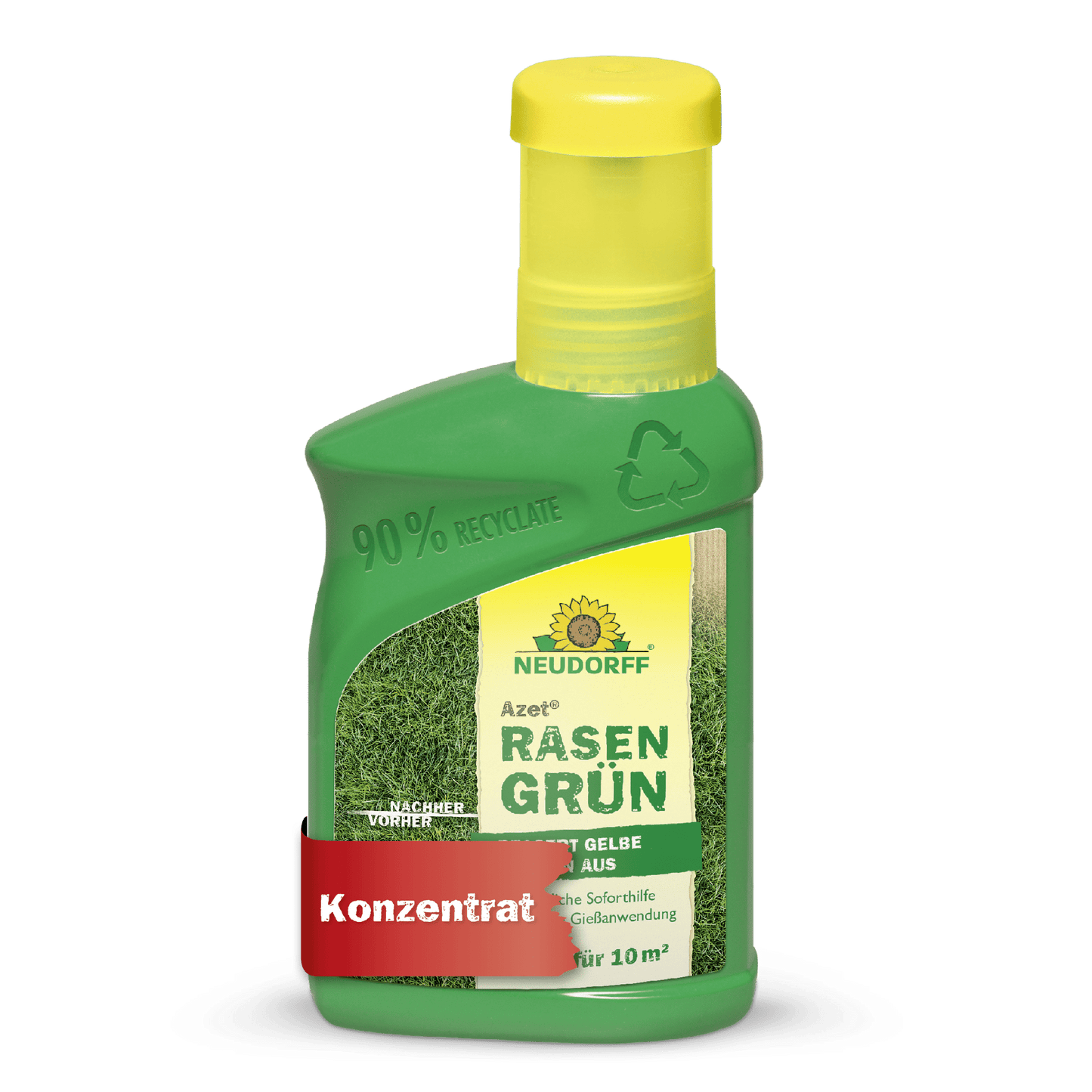 Azet RasenGrün od Neudorff Shop znajduje się w zielonej plastikowej butelce (90% z recyklingu), żółta nakrętka, obraz trawy, i jest koncentratem do pielęgnacji trawnika na 10 m², obiecując soczyście zielony trawnik w zaledwie 4 dni.