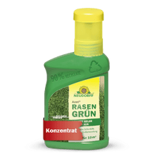 Azet RasenGrün od Neudorff Shop znajduje się w zielonej plastikowej butelce (90% z recyklingu), żółta nakrętka, obraz trawy, i jest koncentratem do pielęgnacji trawnika na 10 m², obiecując soczyście zielony trawnik w zaledwie 4 dni.