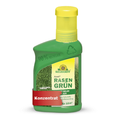 Azet RasenGrün od Neudorff Shop znajduje się w zielonej plastikowej butelce (90% z recyklingu), żółta nakrętka, obraz trawy, i jest koncentratem do pielęgnacji trawnika na 10 m², obiecując soczyście zielony trawnik w zaledwie 4 dni.