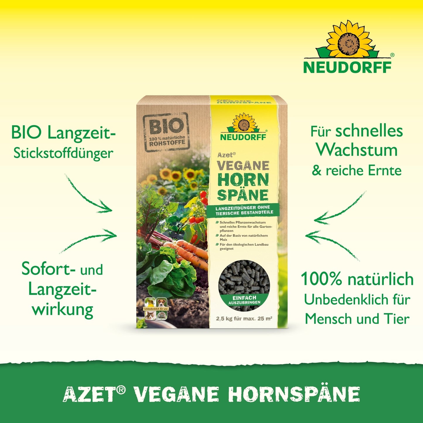 Azet Vegane Hornspäne od Neudorff Shop jest przedstawiony na zielonym tle, z tekstem promującym biologiczne, wegańskie, długotrwałe i w 100% naturalne właściwości dla bezpiecznego wzrostu roślin.