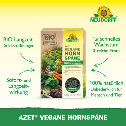Azet Vegane Hornspäne od Neudorff Shop jest przedstawiony na zielonym tle, z tekstem promującym biologiczne, wegańskie, długotrwałe i w 100% naturalne właściwości dla bezpiecznego wzrostu roślin.