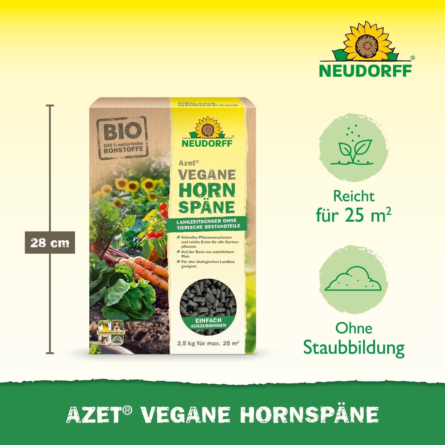 Prezentowany jest worek 2,5 kg Azet Vegane Hornspäne od Neudorff Shop z ikonami dla zasięgu 25 m², bezpyłowej aplikacji i wysokości 28 cm - idealny dla zrównoważonego wzrostu roślin i obfitych zbiorów.