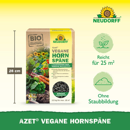 Prezentowany jest worek 2,5 kg Azet Vegane Hornspäne od Neudorff Shop z ikonami dla zasięgu 25 m², bezpyłowej aplikacji i wysokości 28 cm - idealny dla zrównoważonego wzrostu roślin i obfitych zbiorów.