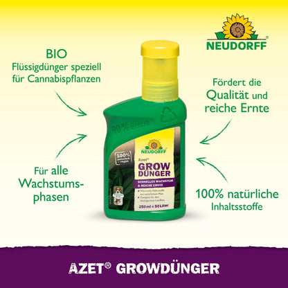 Zielona butelka Neudorff Shop Azet GrowDünger jest wyśrodkowana na żółtym tle, z niemieckim tekstem podkreślającym organiczne składniki i korzyści dla wzrostu roślin, idealna do wspierania obfitych zbiorów konopi.