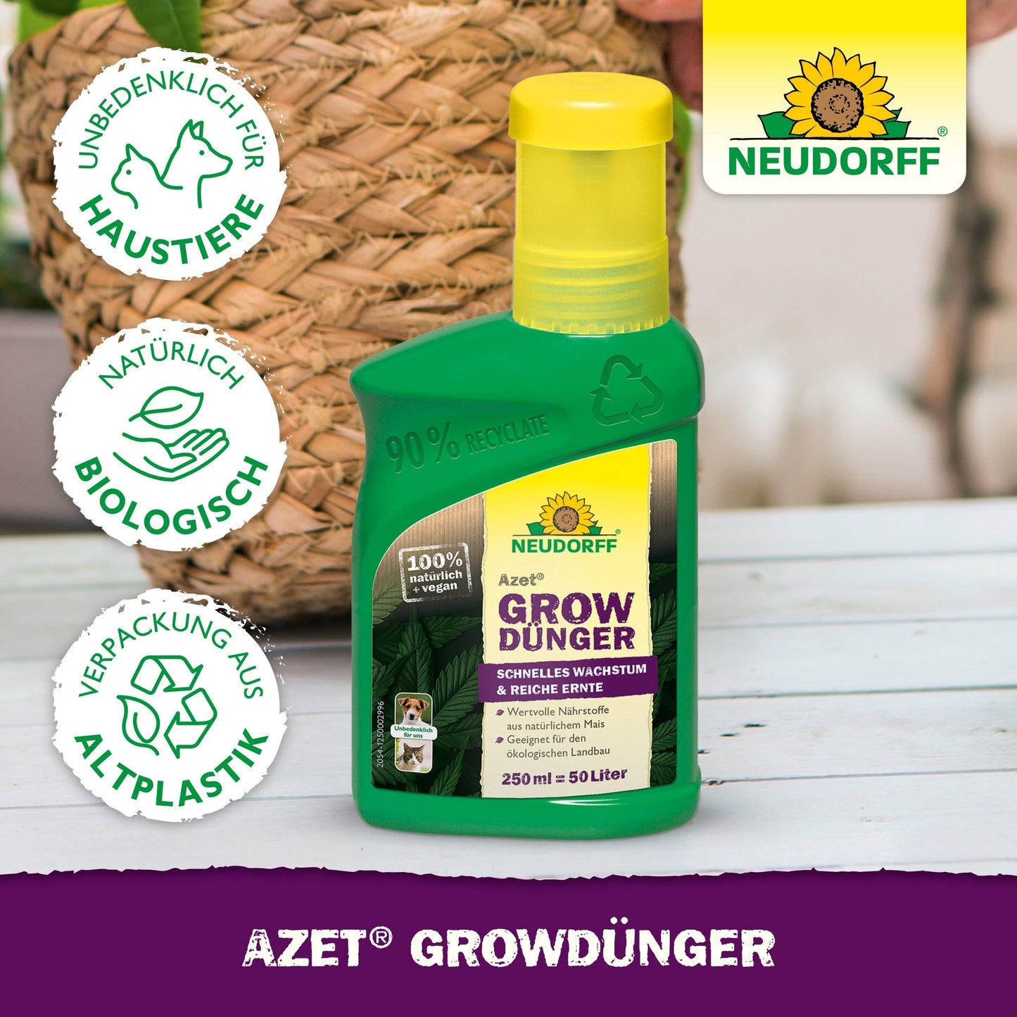 Zielona butelka Azet GrowDünger z Neudorff Shop spoczywa na białej drewnianej powierzchni, na której znajdują się symbole ochrony środowiska i zwierząt. Etykieta reklamuje naturalne, organiczne składniki oraz opakowanie z recyklingu.