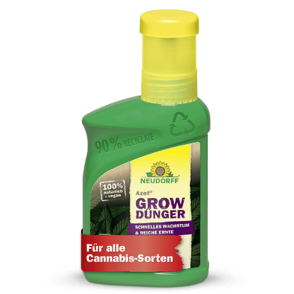 Zielona plastikowa butelka Neudorff Shop Azet GrowDünger z żółtą nakrętką; na etykiecie napisano, że jest w 90% z recyklingu, wegańska, 100% naturalna i idealna do uprawy konopi oraz wszystkich odmian konopi.