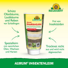 Tuba Aurum InsektenLeim od Neudorff Shop stoi pionowo i zawiera niemiecki tekst dotyczący ochrony drzew owocowych przed mrówkami i zimowymi motylami. Na zielono-żółtym tle widoczne jest logo Neudorff na górze.