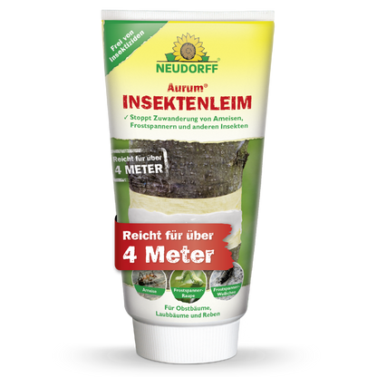 Aurum InsektenLeim von Neudorff Shop schützt Obstbäume effektiv vor Ameisen und Schädlingen - ohne Insektizide, wirkt über 4 Meter. Die Verpackung zeigt einen mit Leim umwickelten Baum.