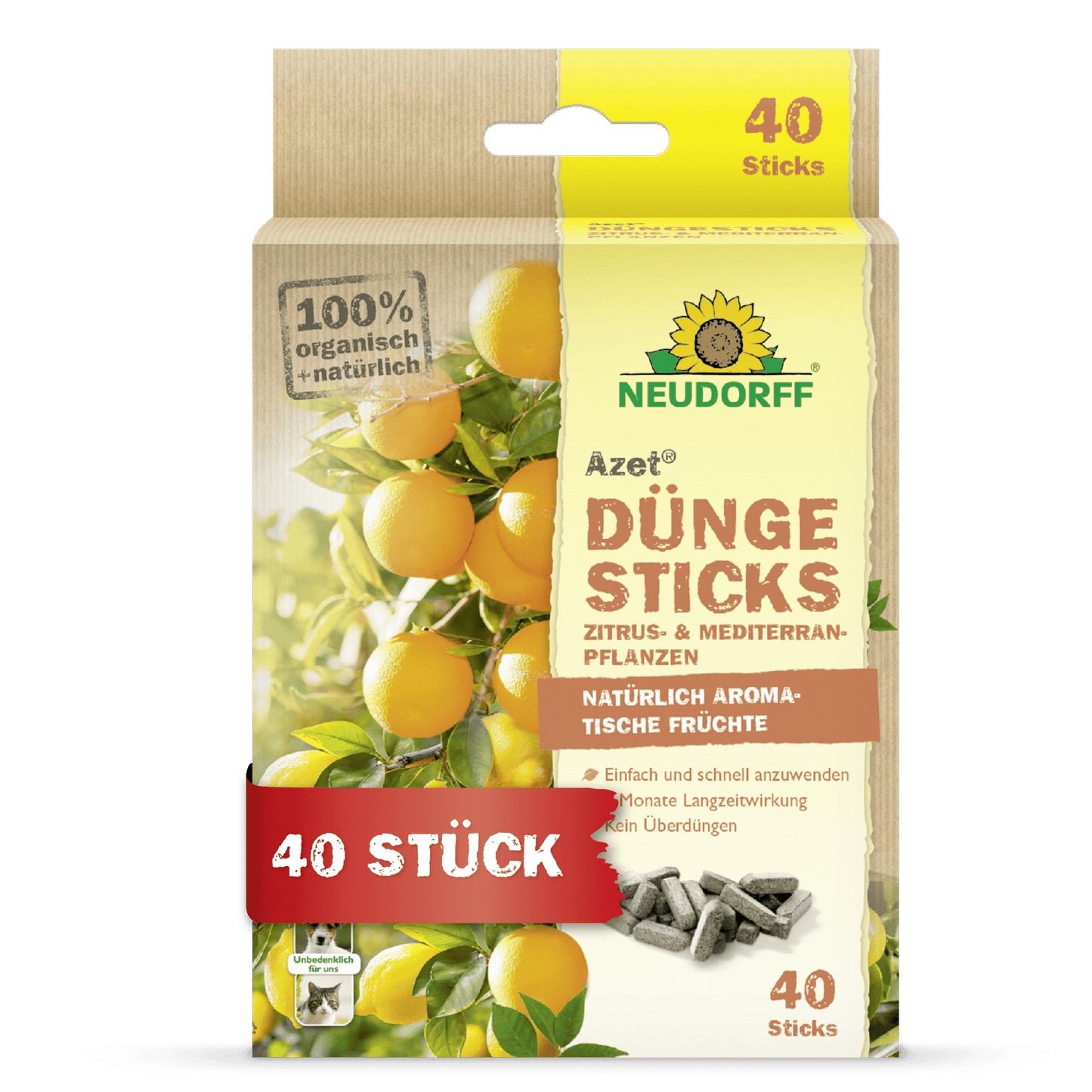 Azet Düngesticks für rośliny cytrusowe i śródziemnomorskie z Neudorff Shop to organiczne pałeczki nawozowe do cytrusów i doniczek śródziemnomorskich, idealne na balkon i taras. Pudełko przedstawia cytryny i zawiera 40 szarych pałeczek.