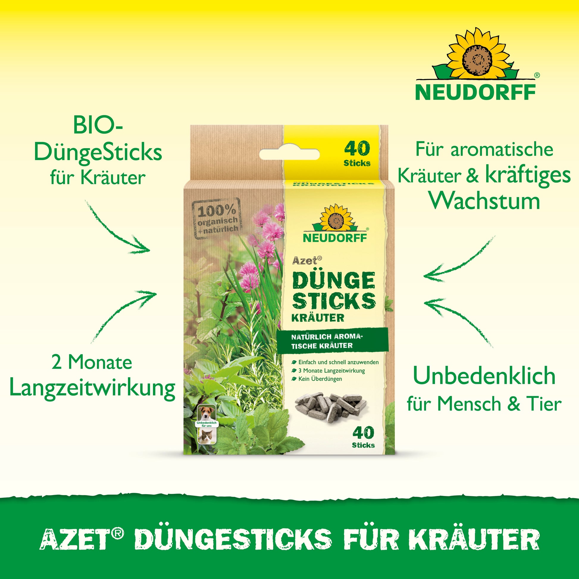 Eine Schachtel Neudorff Shop Azet Düngesticks für Kräuter-organische Kräuterdüngerstäbchen mit 2-monatiger Wirkung, sicher für Mensch und Haustier, für kräftiges Kräuterwachstum in Blumenerde. Jede Schachtel enthält 40 Stäbchen.