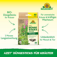 Pudełko Neudorff Shop Azet Düngesticks dla ziół-organiczne pałeczki nawozowe do ziół z 2-miesięcznym działaniem, bezpieczne dla ludzi i zwierząt, dla silnego wzrostu ziół w ziemi kwiatowej. Każde pudełko zawiera 40 pałeczek.