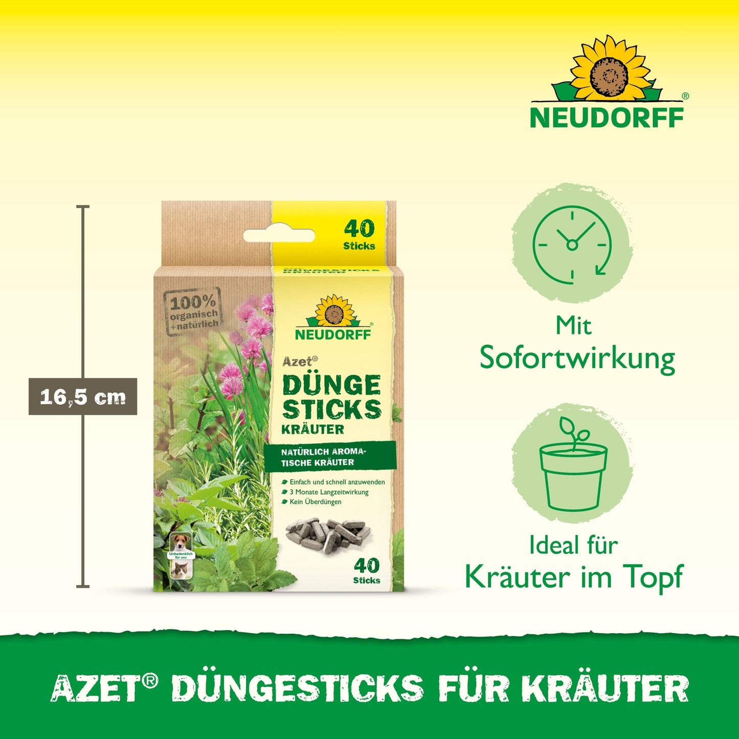 Neudorff Shop Azet Düngesticks dla ziół są dostępne w pudełku z 40 pałeczkami (wysokość: 16,5 cm) z obrazkami świeżych ziół, idealne do ziół doniczkowych w ziemi doniczkowej i zapewniają szybkie działanie.