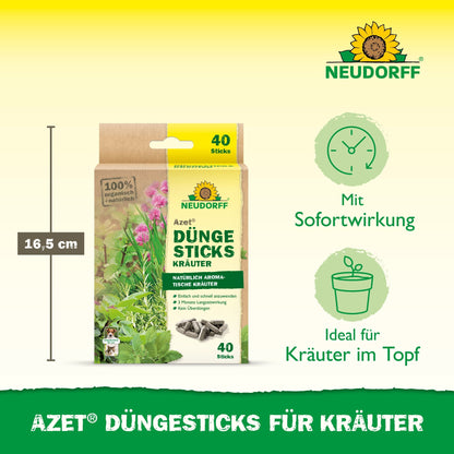 Neudorff Shop Azet Düngesticks dla ziół są dostępne w pudełku z 40 pałeczkami (wysokość: 16,5 cm) z obrazkami świeżych ziół, idealne do ziół doniczkowych w ziemi doniczkowej i zapewniają szybkie działanie.