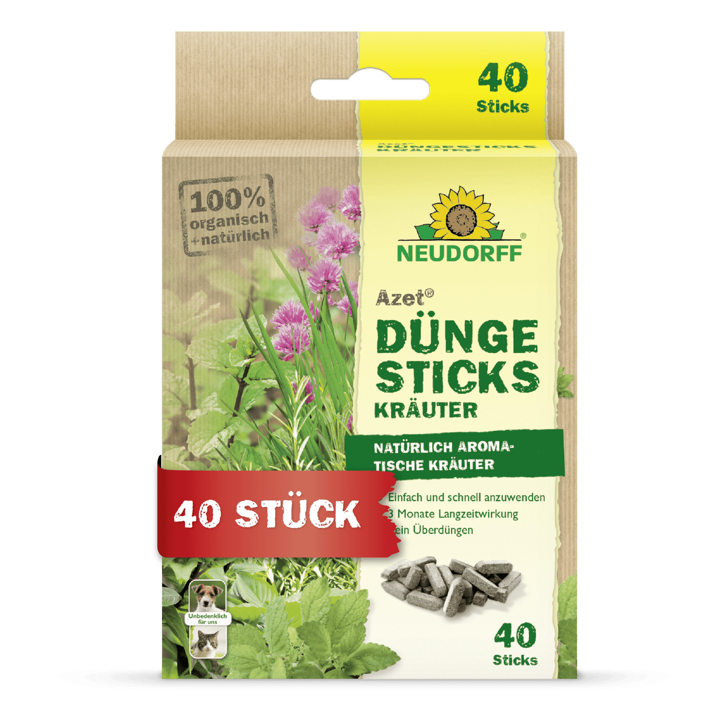 Pudełko Neudorff Shop Azet Düngesticks dla ziół zawiera 40 pałeczek nawozowych do aromatycznych ziół. Zielono-beżowe opakowanie z niemieckim tekstem odżywia zioła uprawiane w ziemi doniczkowej.