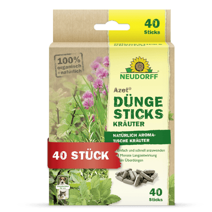 Pudełko Neudorff Shop Azet Düngesticks dla ziół zawiera 40 pałeczek nawozowych do aromatycznych ziół. Zielono-beżowe opakowanie z niemieckim tekstem odżywia zioła uprawiane w ziemi doniczkowej.