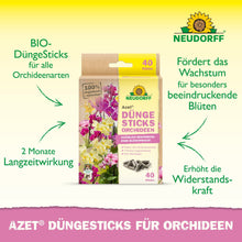 Pudełko z Azet Düngesticks do storczyków z Neudorff Shop z niemiecką informacją o produkcie, zdjęciami egzotycznych kwiatów i zielonym tekstem podkreślającym zalety: wspieranie wzrostu, długotrwałe działanie i poprawiona odporność.
