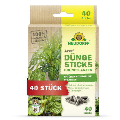Die Azet Düngesticks für Grünpflanzen von Neudorff Shop werden in einer Schachtel mit einem Pflanzenbild, einer Produktinformation und einem "40 Stück"-Etikett geliefert. Die Verpackung hebt die 100% biologischen, natürlichen Inhaltsstoffe und die Nährstoffdepot-Technologie hervor.