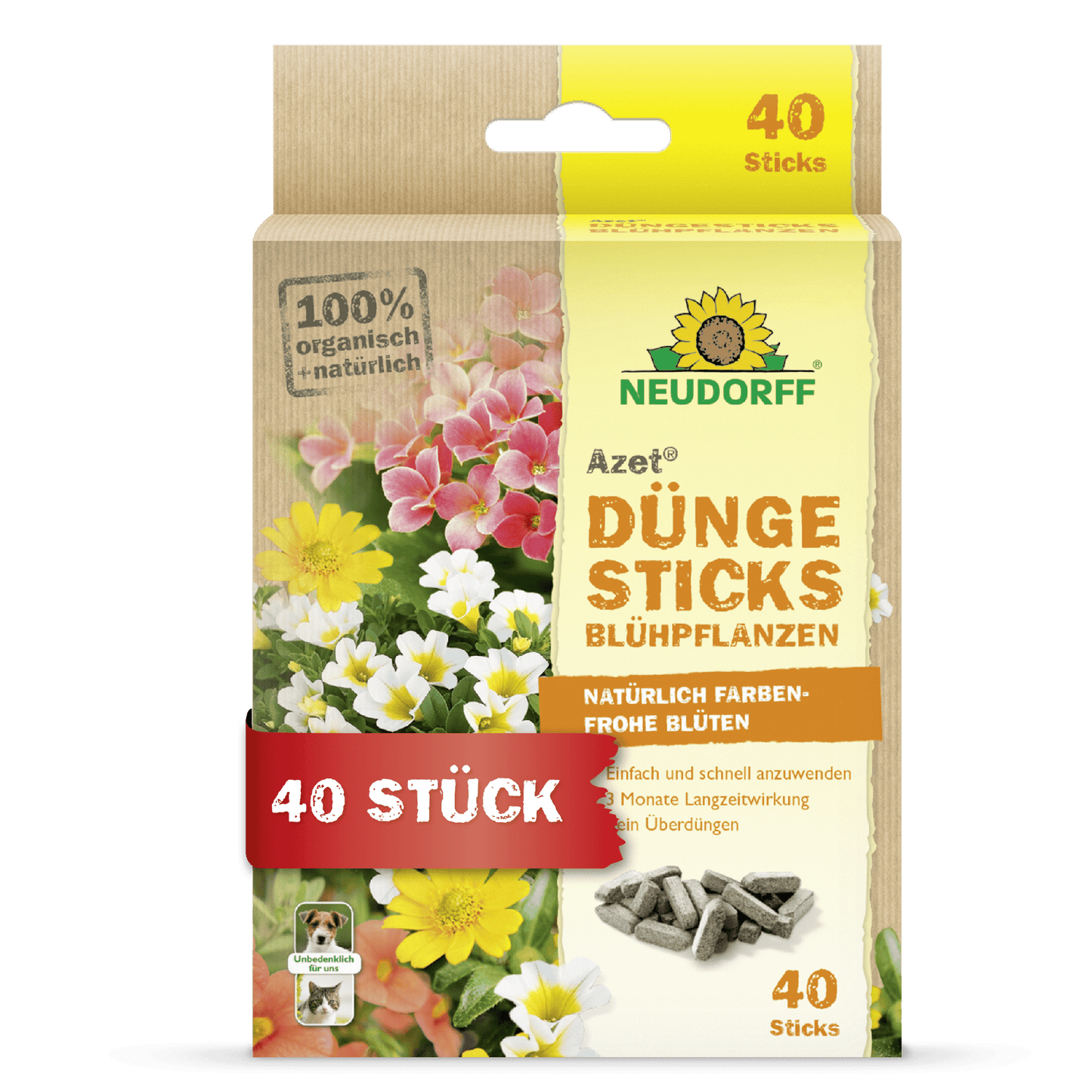 Widok z przodu pudełka Neudorff Shop Azet Düngesticks dla roślin kwitnących z ilustracjami kwiatów, informacjami o produkcie, etykietą na 40 patyczków i opakowaniem w kolorze żółtym z zielonymi i czerwonymi akcentami.