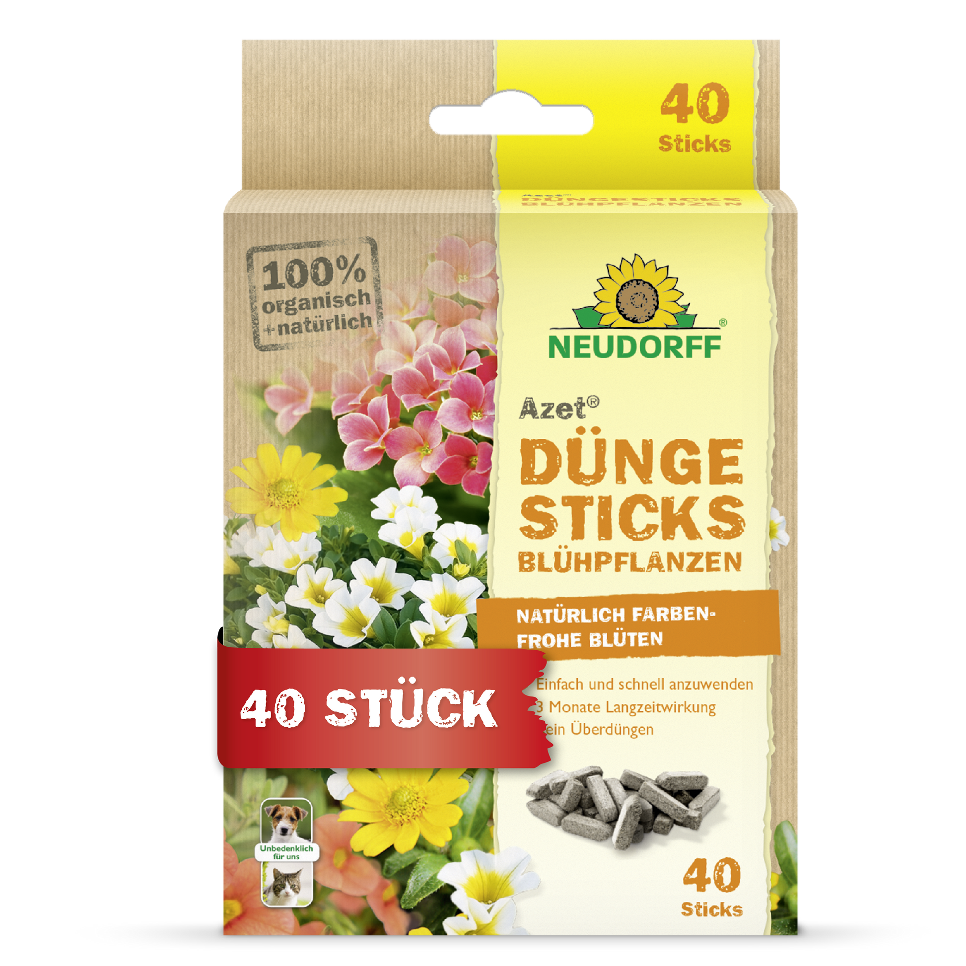 Vorderansicht einer Schachtel Neudorff Shop Azet Düngesticks für Blühpflanzen mit Blumenabbildungen, Produktangaben, einem Etikett für 40 Sticks und einer Verpackung in Gelb mit grünen und roten Akzenten.