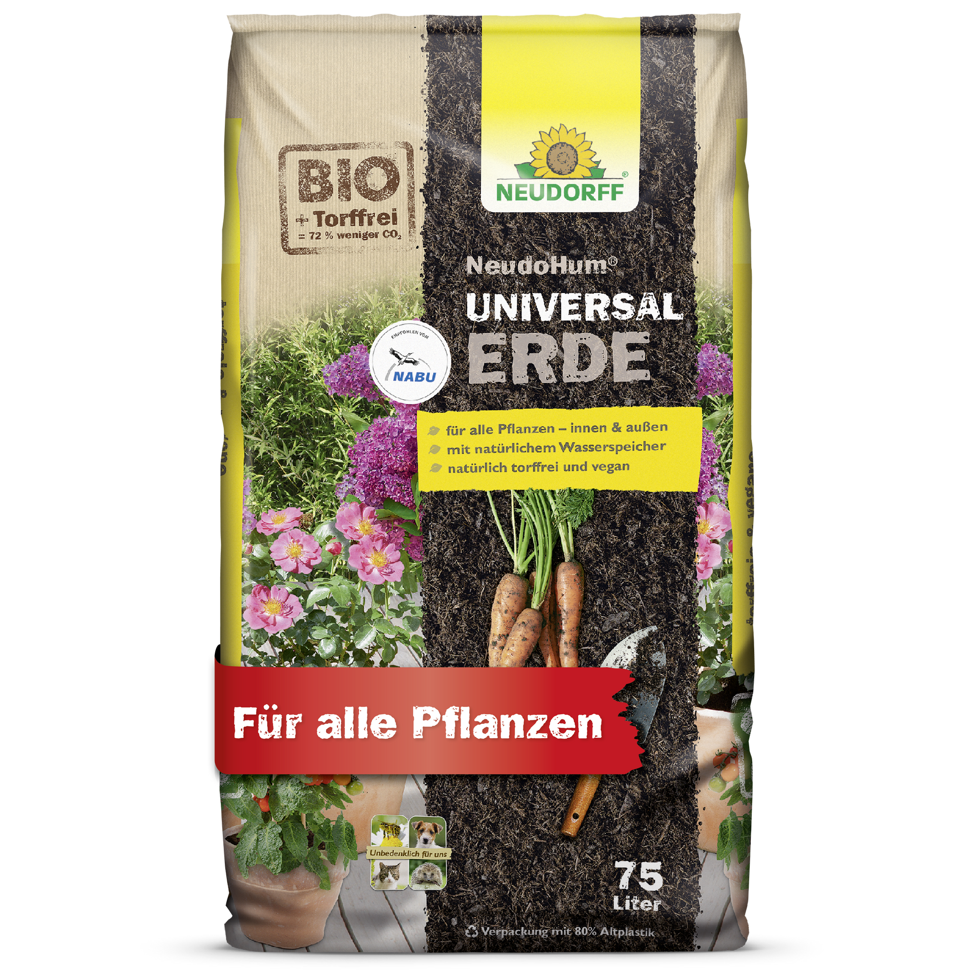Ein 75-Liter-Sack NeudoHum UniversalErde von Neudorff Shop, mit Bildern von Gemüse und Blumen, gekennzeichnet als torffrei und biologisch, geeignet für alle Pflanzen.