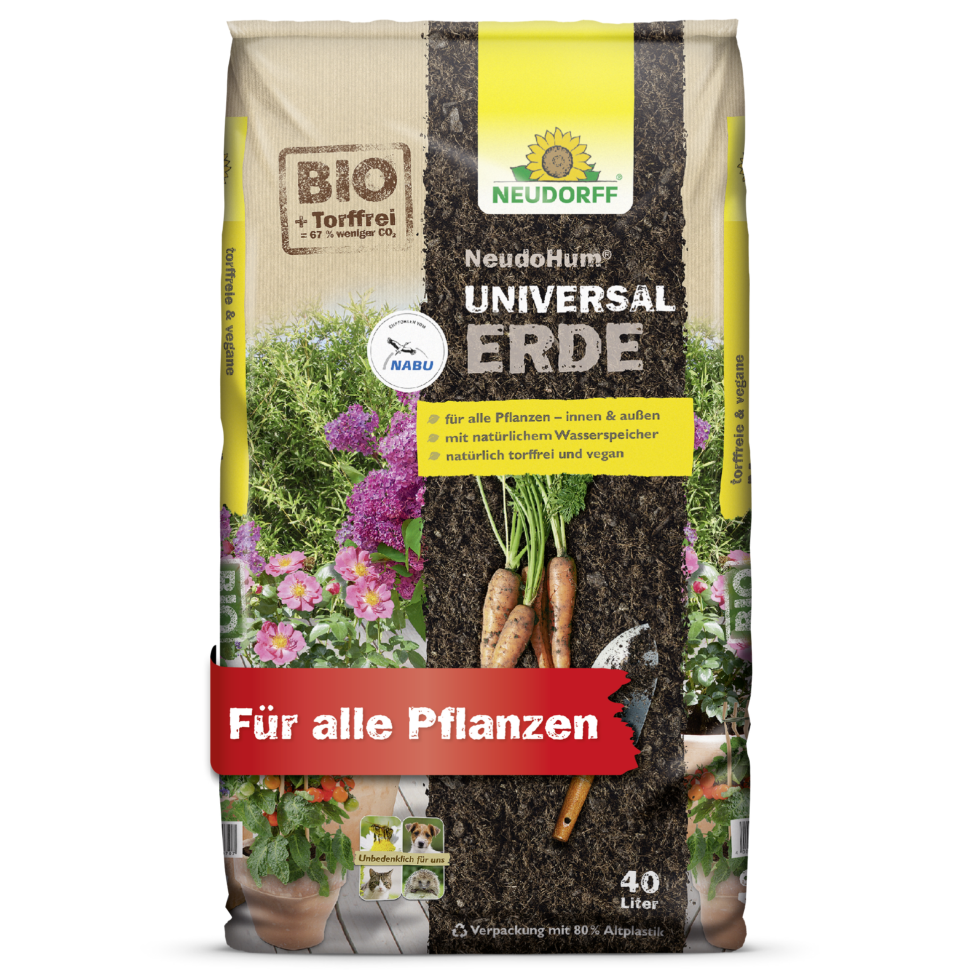 Ein 40-Liter-Sack NeudoHum UniversalErde von Neudorff Shop mit der Aufschrift "Für alle Pflanzen" und "BIO + Torffrei" zeigt Grünpflanzen, Karotten und die wichtigsten Merkmale auf der Verpackung.