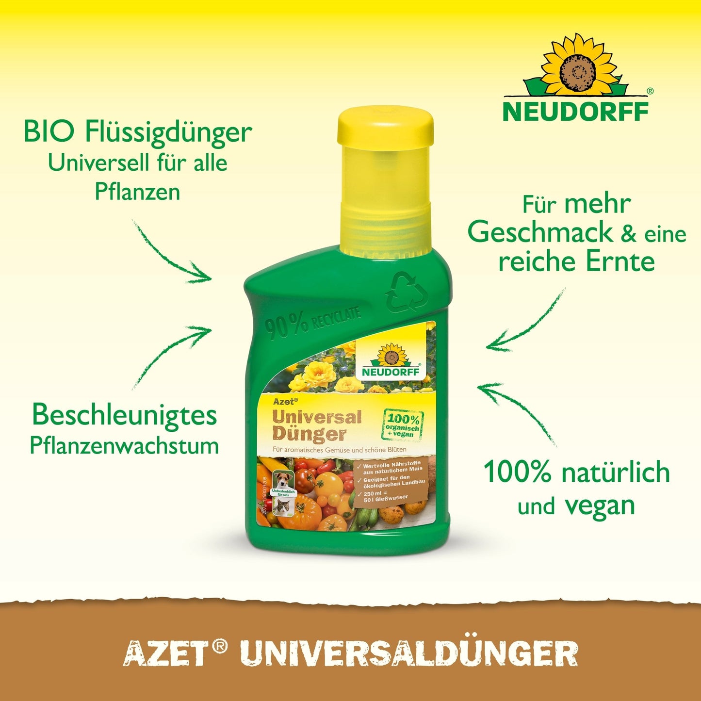 Przedstawiona jest zielono-żółta butelka Azet UniversalDünger płynny z Neudorff Shop z niemieckim tekstem, który podkreśla biologiczną, wegańską formułę dla szybszego wzrostu roślin i zrównoważonych składników odżywczych dla obfitszych plonów.