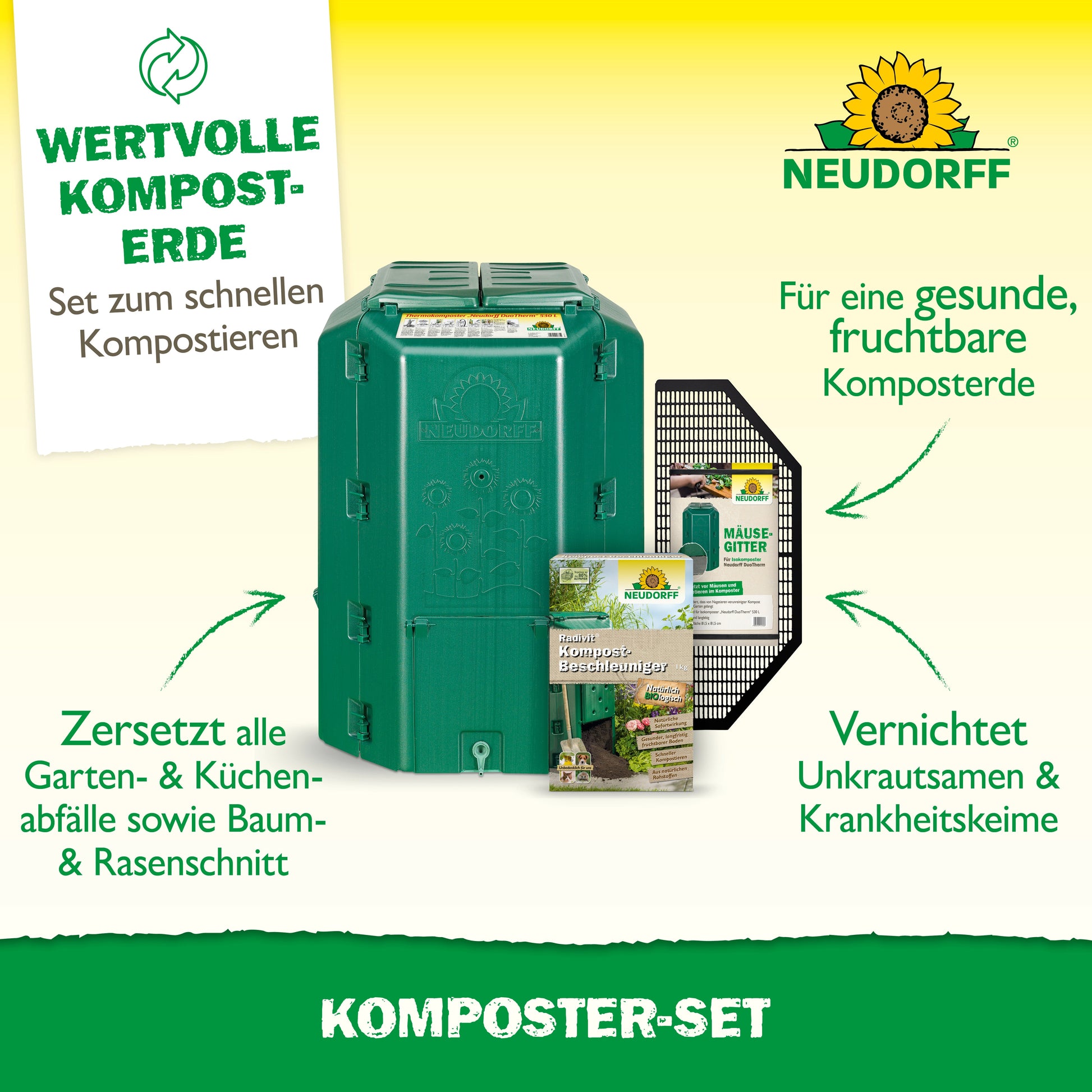Das Neudorff Shop Komposter-Set, abgebildet mit Kompostierzubehör, hilft bei der Herstellung von Komposterde, baut Gartenabfälle ab, vernichtet Samen und Krankheitserreger und enthält Tipps zum Kompost anlegen.