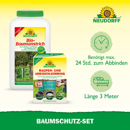 Abgebildet ist ein Neudorff Shop Baumschutz-Set, bestehend aus Bio-Baumanstrich und einem Raupen- und Ameisen-Leimring (3m). Der Text hebt den Baumschutz, den Inhalt, die Trocknungszeit und die 3-Meter-Länge des Leimrings hervor.