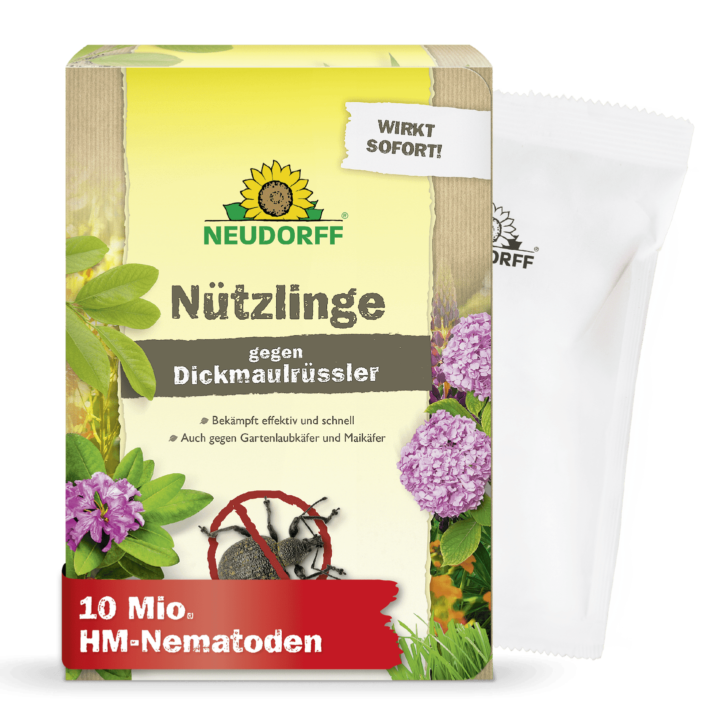 Eine Neudorff Shop Nützlinge gegen Dickmaulrüssler Box mit Branding, Blumen, Käfer und "10 Mio. HM-Nematoden" bietet eine effektive Garten- und Engerlinge-Schädlingsbekämpfung. HM-Nematoden" bietet effektive Garten- und Engerlinge-Schädlingsbekämpfung. Hinter der Schachtel ist ein weißer Beutel teilweise sichtbar.