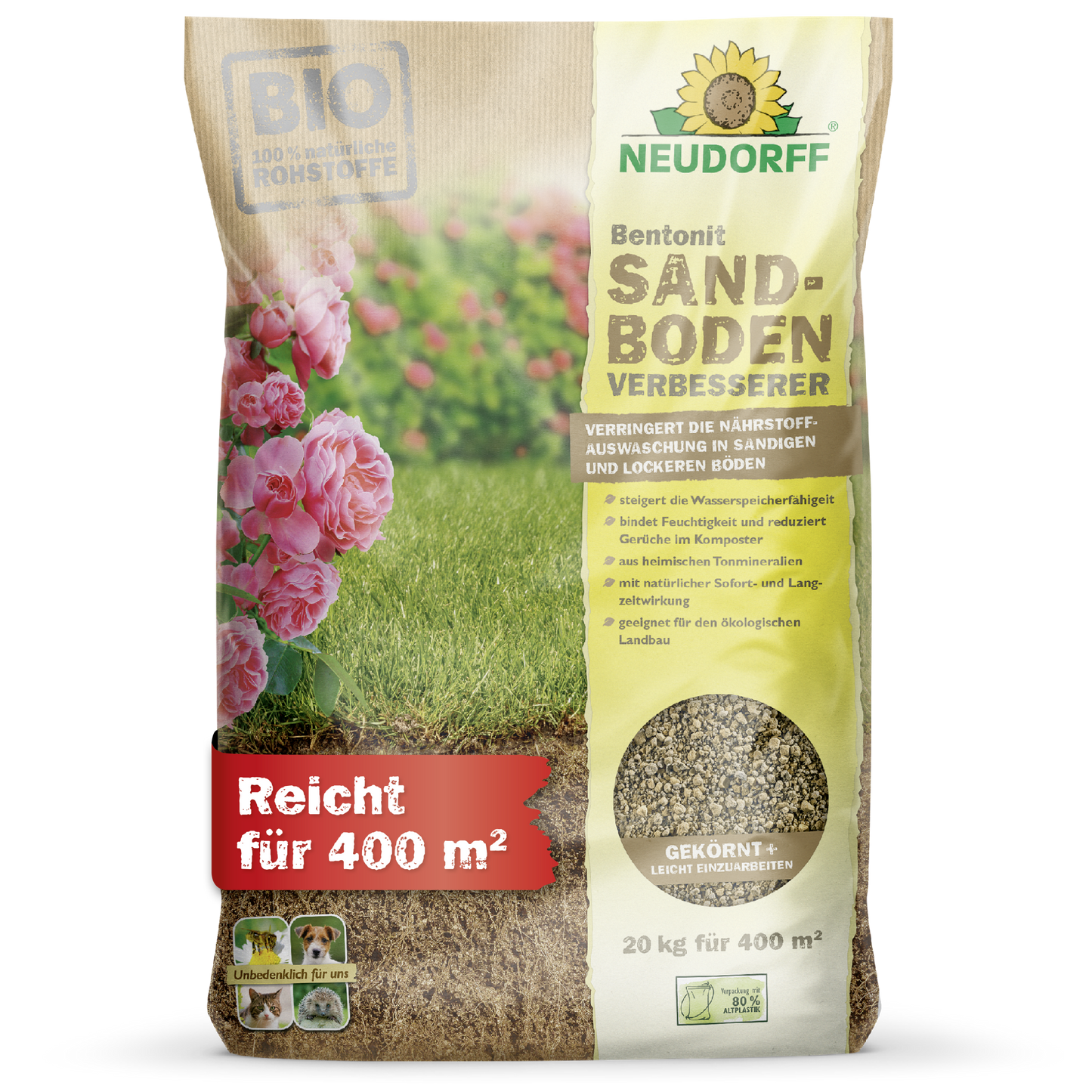 Worek 20 kg Neudorff Shop Bentonit SandbodenVerbesserer stoi pionowo; opakowanie pokazuje trawę, kwiaty i podkreśla "minerały ilaste", "poprawić piaszczystą glebę" i "magazynować składniki odżywcze". Pokrywa do 400 m².