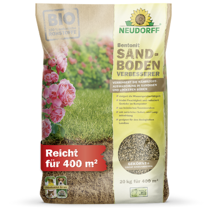 Worek 20 kg Neudorff Shop Bentonit SandbodenVerbesserer stoi pionowo; opakowanie pokazuje trawę, kwiaty i podkreśla "minerały ilaste", "poprawić piaszczystą glebę" i "magazynować składniki odżywcze". Pokrywa do 400 m².