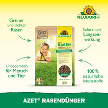 Azet RasenDünger 2,5-5 kg od Neudorff Shop jest przedstawiony; zielone teksty podkreślają "100% naturalne składniki" i "natychmiastowe i długotrwałe działanie" dla gęstej powierzchni trawnika na żółto-zielonym tle.