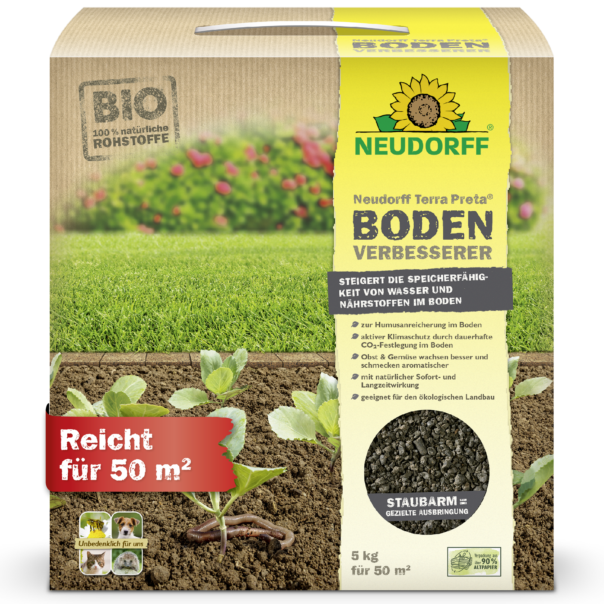 Ein 5 kg-Karton des Neudorff Shop Neudorff Terra Preta BodenVerbesserer deckt 50 m² ab. Auf der Verpackung sind blühende Früchte und Pflanzen abgebildet, die den idealen Einsatz für die Verschönerung von Rasen und Garten verdeutlichen.