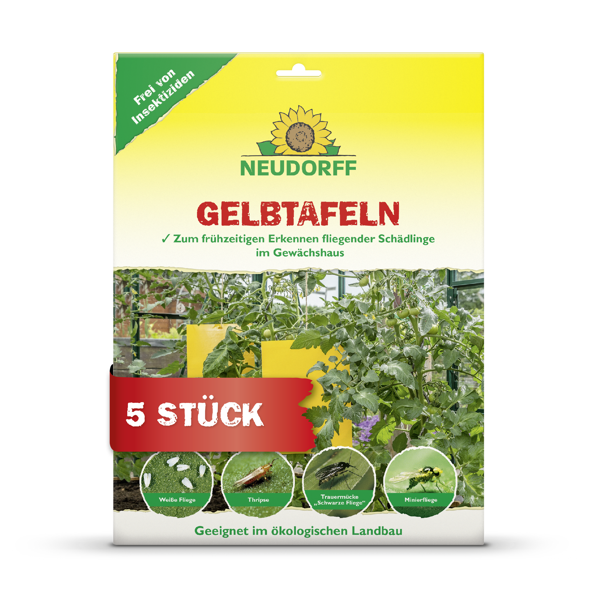 Vorderansicht der Verpackung von Neudorff Shop Gelbtafeln (großformatig) mit fünf Fallen zur Früherkennung von Pflanzenschädlingen in Gewächshäusern, mit Abbildungen von Pflanzen und gefangenen Insekten. Der Verpackungstext ist in deutscher Sprache.