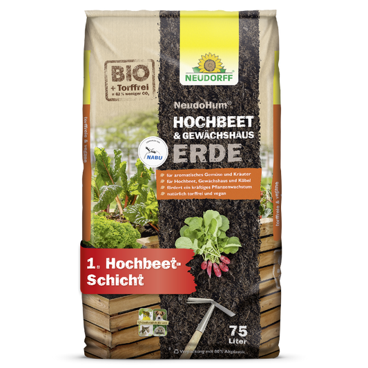 Ein 75-Liter-Sack NeudoHum Hochbeet & GewächshausErde von Neudorff Shop, eine humusreiche Erde und Pflanzsubstrat für Hochbeete und Gewächshäuser. Die Verpackung zeigt Gemüse, Bodenschichten und Produktdetails in deutscher Sprache.