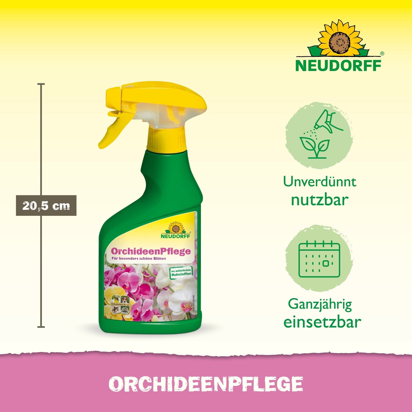 OrchideenPflege od Neudorff Shop jest dostępna w zielonej butelce z żółtą nakrętką i białym napisem, idealna do aplikacji środków wspomagających rośliny, aby utrzymać orchidee zdrowe i silne.