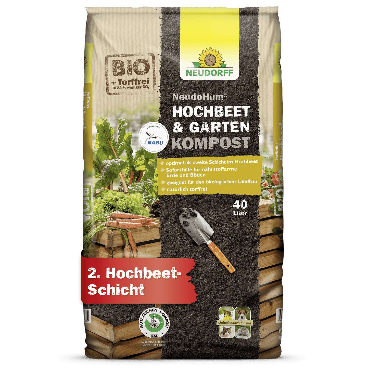 Worek 40-litrowy NeudoHum Hochbeet- & GartenKompost z Neudorff Shop - biologiczny, bez torfu kompost do podwyższonych grządek lub ogrodów, z warzywami i kielnią na przedniej stronie.