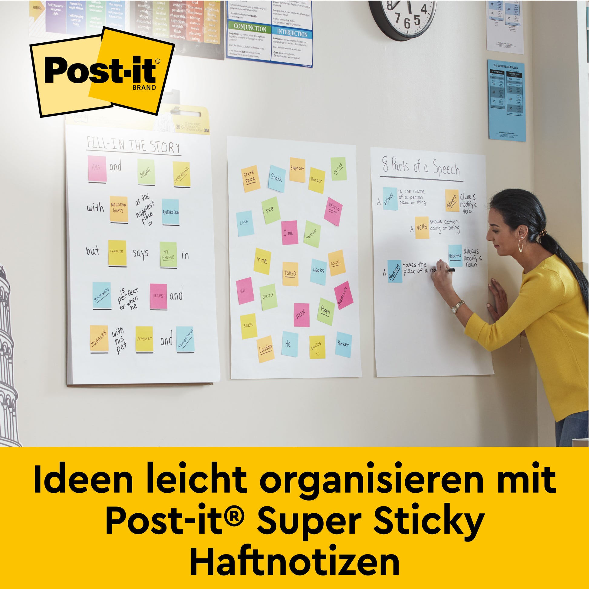 Eine Frau im gelben Pullover schreibt auf eine Post-it® Super Sticky Mini Meeting Chart (38 cm x 45,7 cm, 20 Blatt, 3M Deutschland GmbH), die mit bunten Notizen und deutschem Text über Ideenorganisation an der Wand befestigt ist.