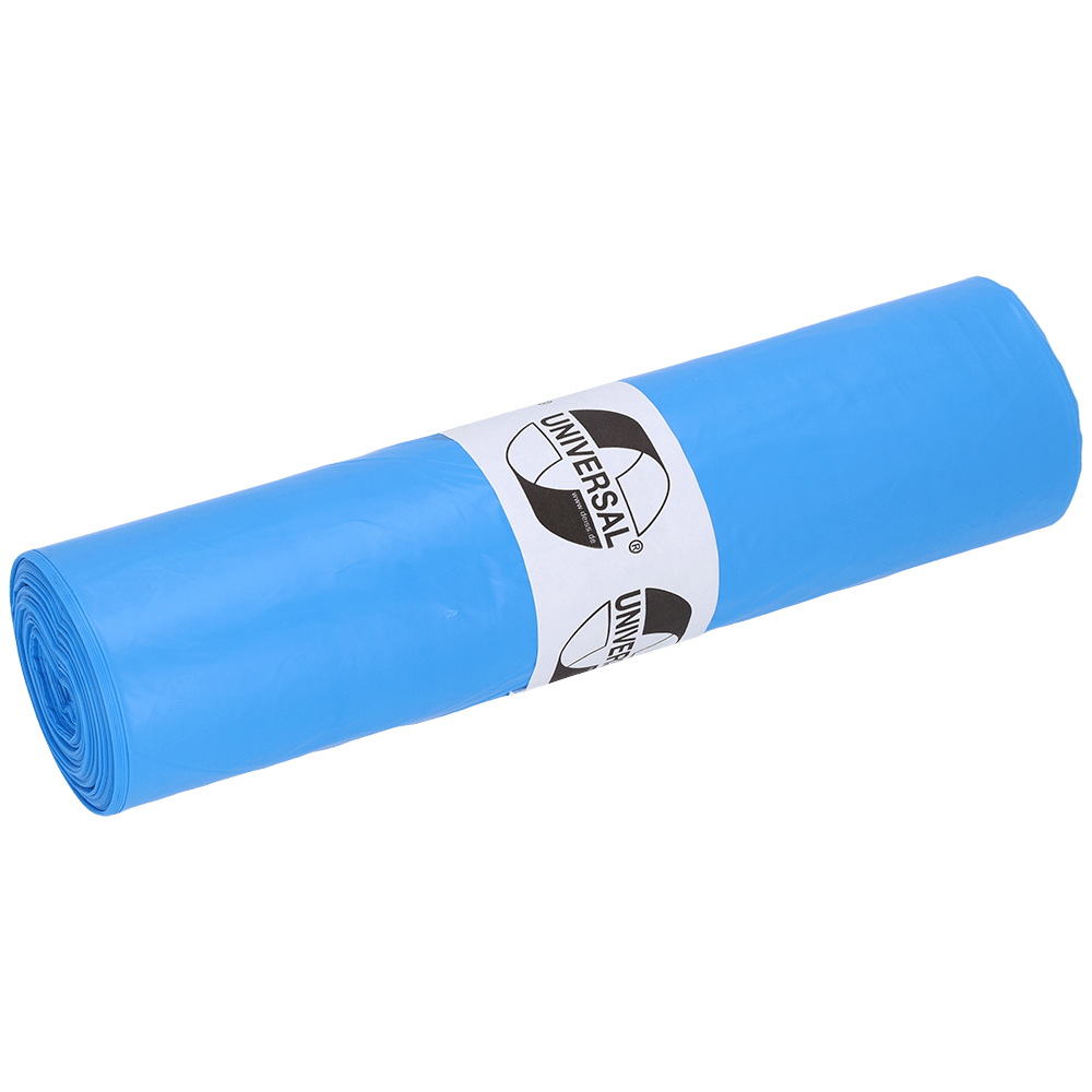 Rolka worków na śmieci DEISS 40104 od EMIL DEISS KG, 630x800x0,023 mm, niebieskie, rolka z 50 sztukami. Biała etykieta z napisem "UNIVERSAL" i czarno-białe logo. Praktyczne jako worki na odpady do wszechstronnej utylizacji.