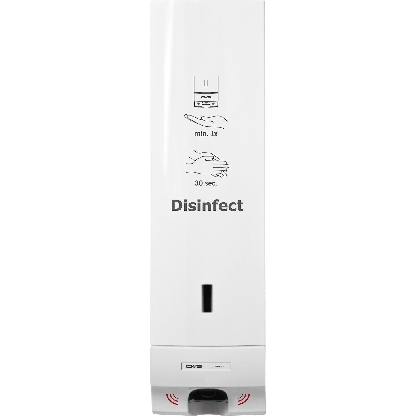 Dozownik do dezynfekcji CWS ParadiseLine Disinfect Non touch, z panelem biały, to biały, montowany na ścianie bezdotykowy dozownik do dezynfekcji firmy CWS z naklejką "Disinfect" i ilustrowaną instrukcją na jedną pompkę i 30 sekund dezynfekcji rąk.