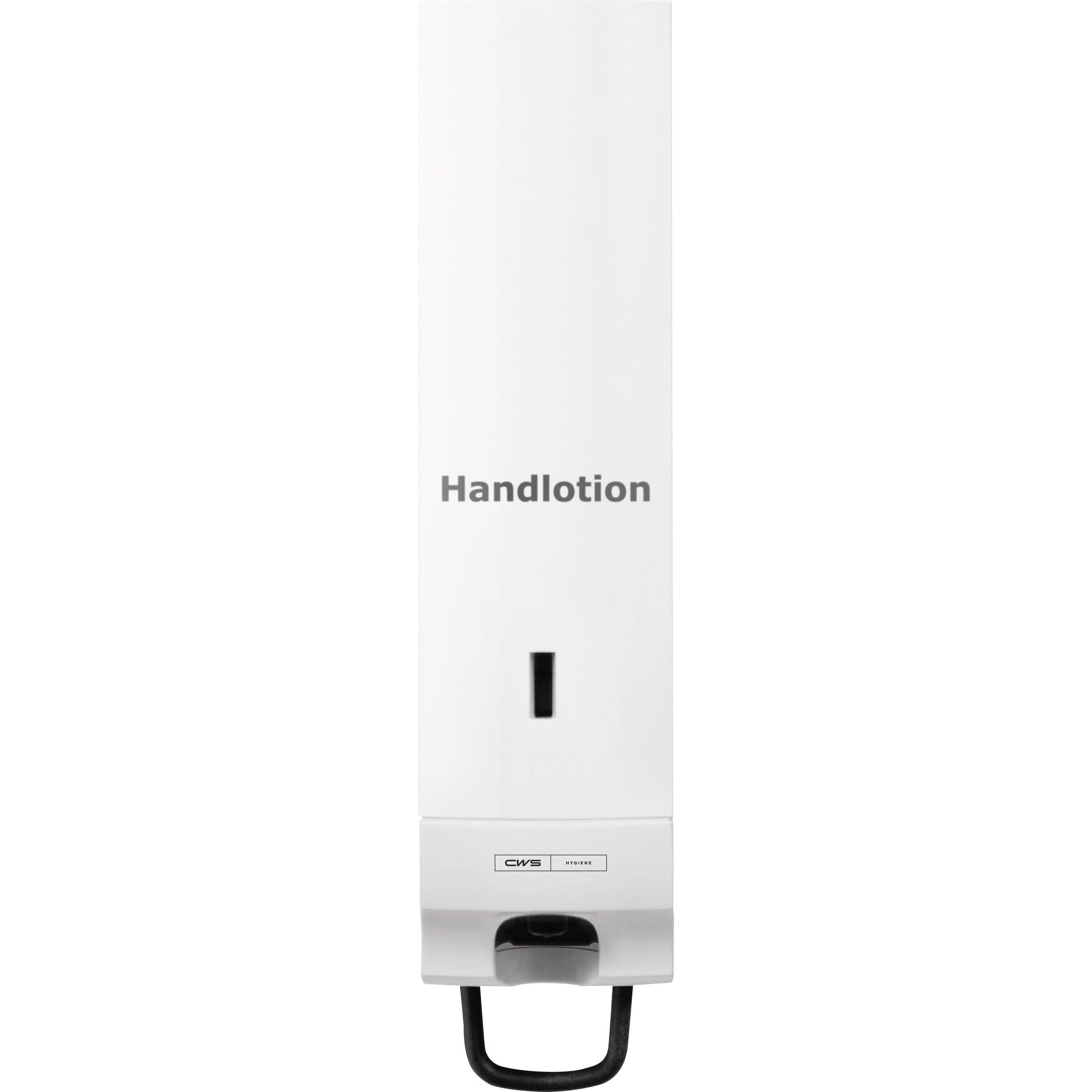 Der CWS ParadiseLine Handlotion Slim inklusive Panel Weiß mit Aufdruck "Handlotion" von CWS, ein weißer Wandspender in schlankem Design, bringt Eleganz in moderne Waschräume.