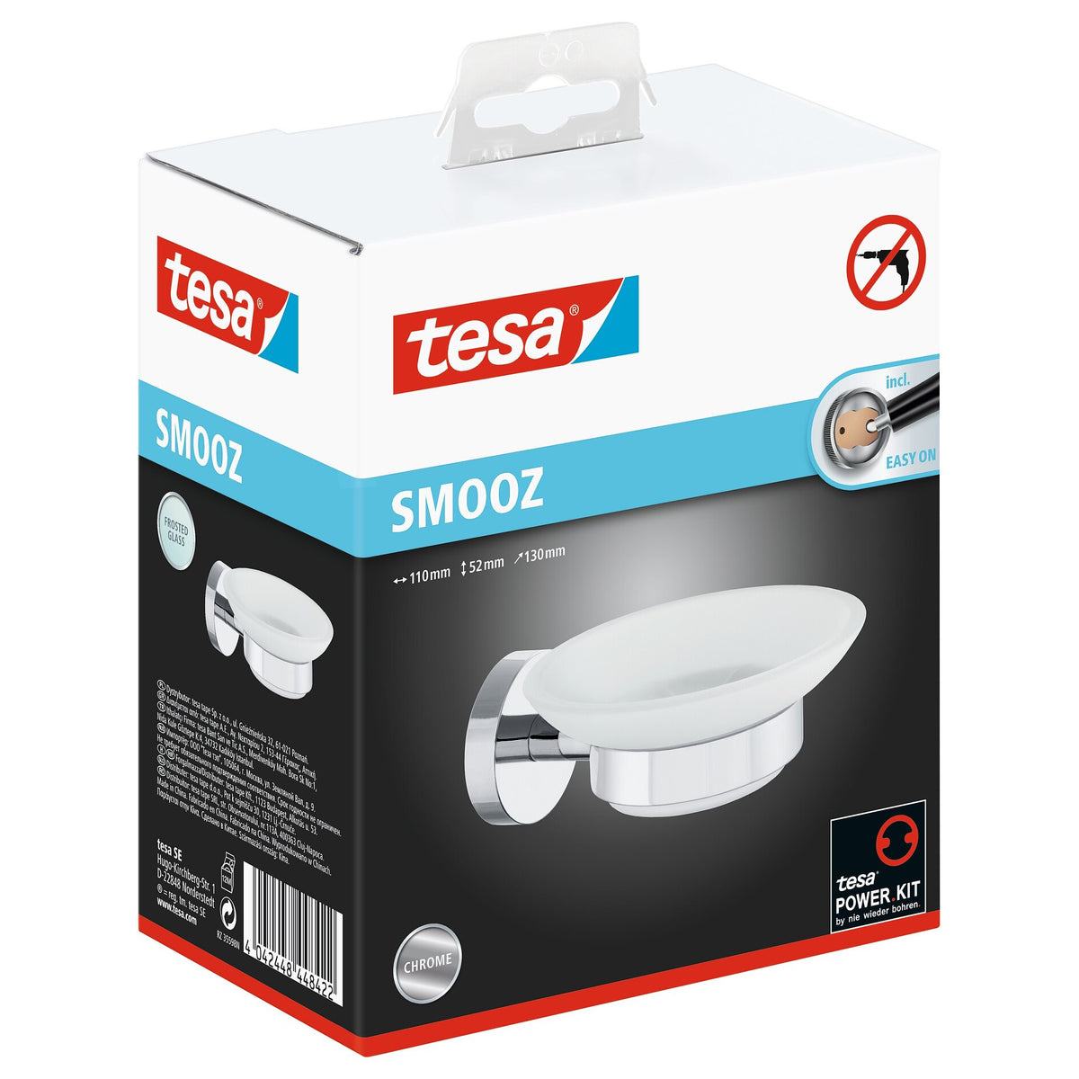 tesa SMOOZ Seifenhalter, verchromt, satiniertes Glas, Klebelösung