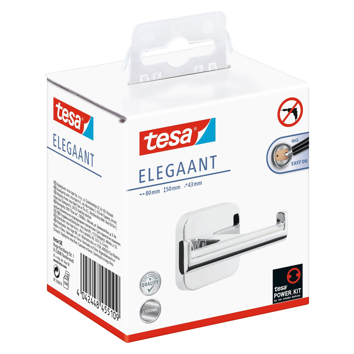 tesa ELEGAANT Design-Haken doppelt, Metall, verchromt, inkl. Klebelösung
