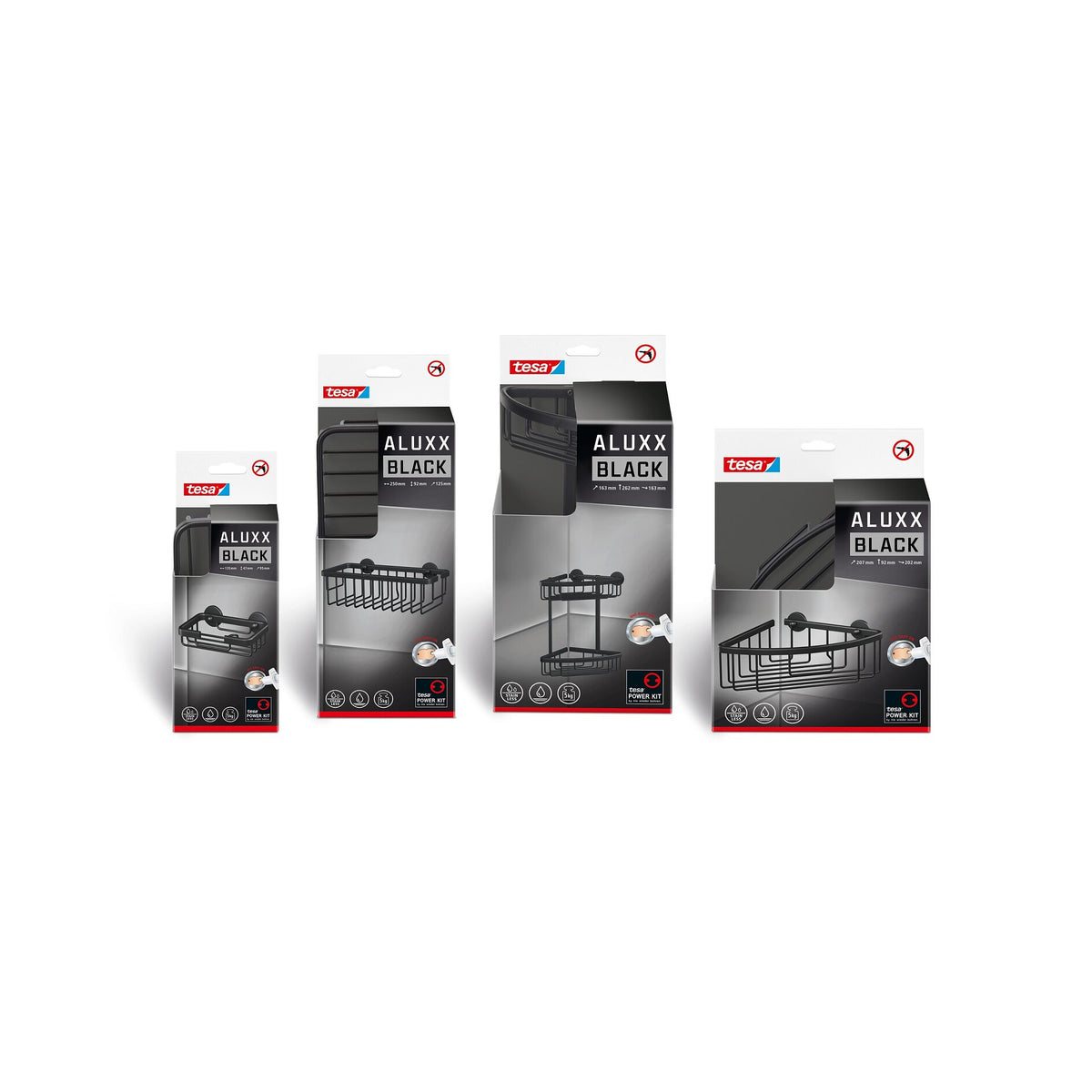 tesa ALUXX BLACK Duschkorb, mattschwarz, für Dusche und Badewanne – Sortiment
