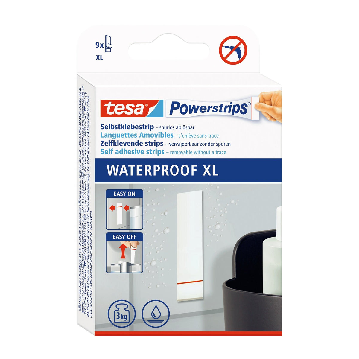 tesa Powerstrips Waterproof XL, Nachfüllpackung, selbstklebende Befestigungslösung für Bäder, weiß
